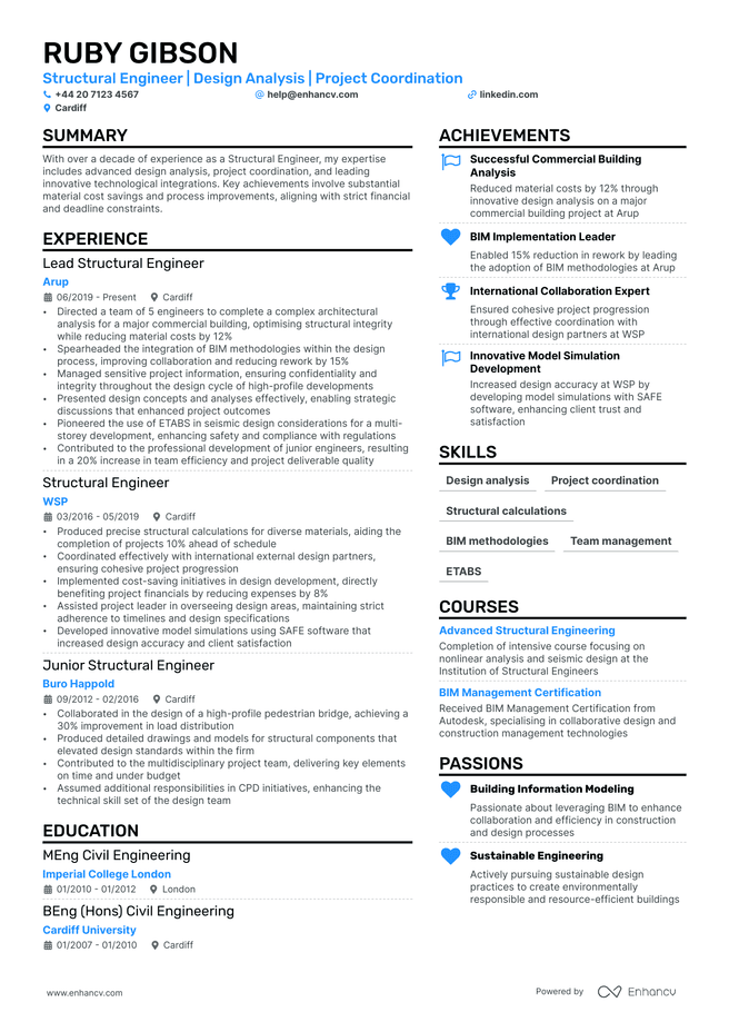 Structural Engineer CV example