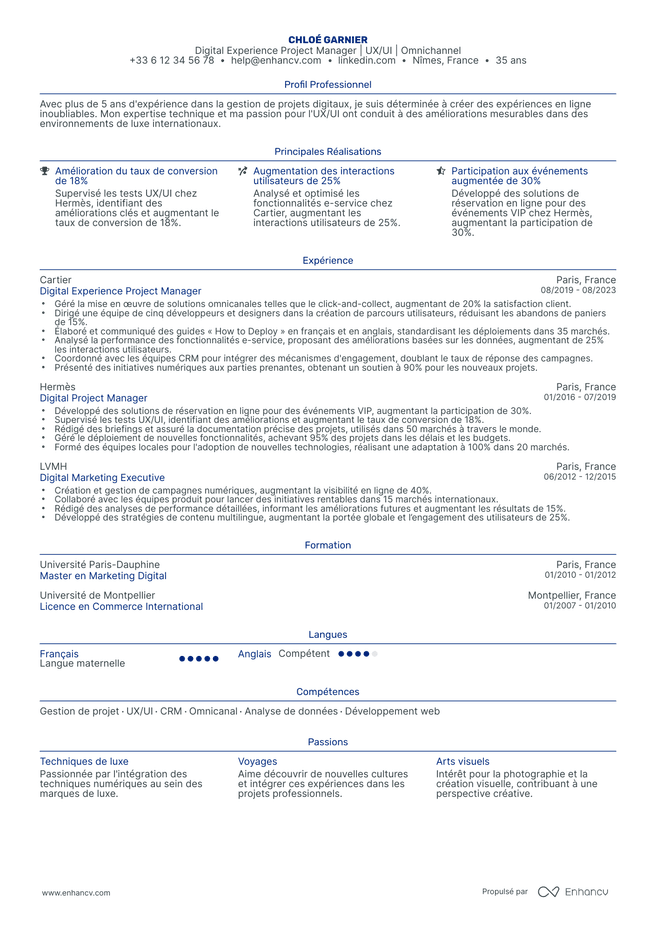 exemple de CV pour Chef de Projet Digital
