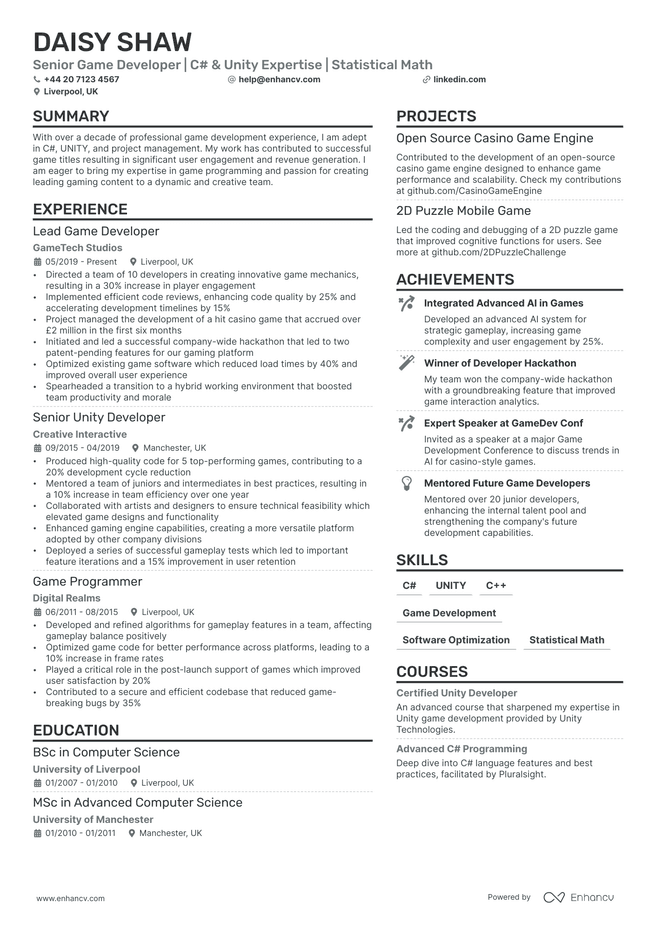 Senior Software Engineer CV example