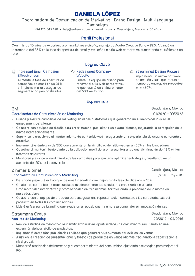 ejemplo de CV de Coordinador de Marketing