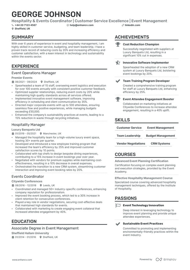 Event Coordinator CV example