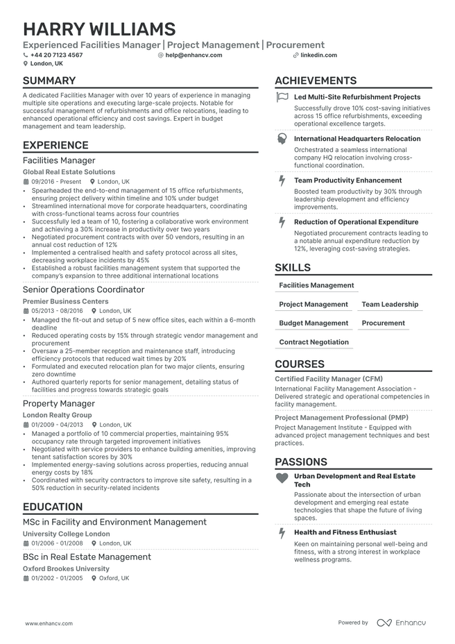 Facilities Manager CV example