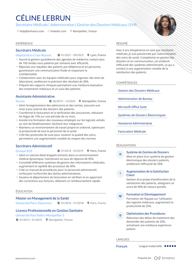exemple de CV pour Secretaire Medicale