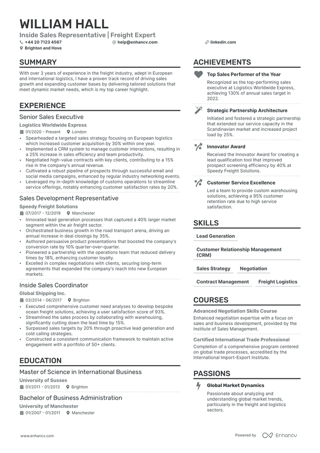 Sales Representative CV example