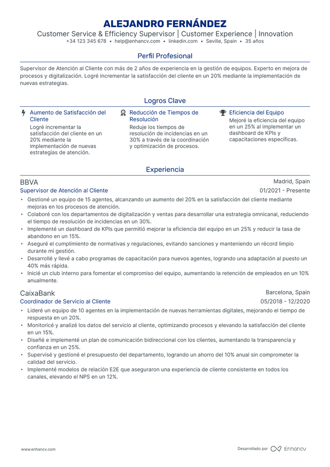 ejemplo de CV de Supervisor de Atencion Al Cliente