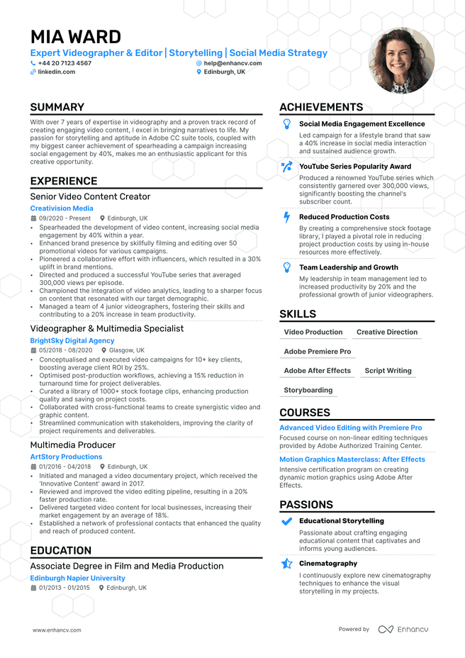 Videographer CV example