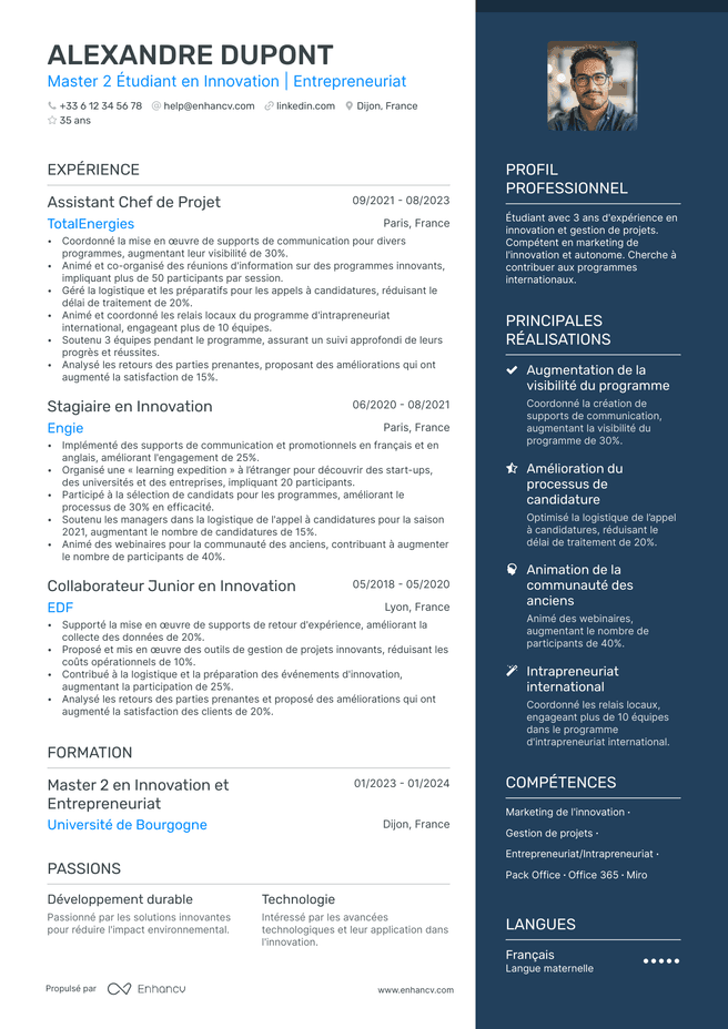 exemple de CV pour Chef de Projet Debutant