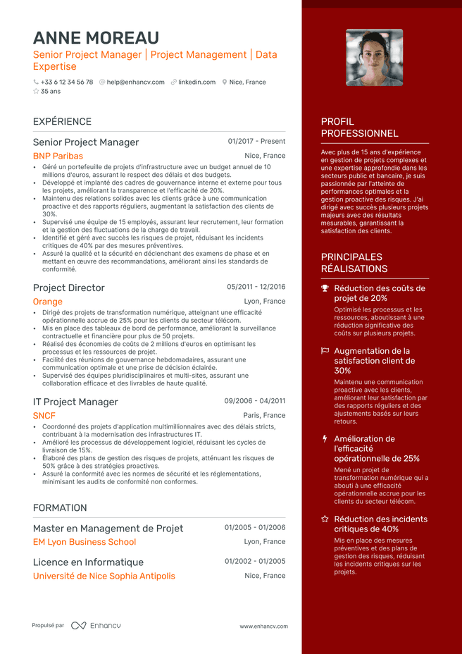 exemple de CV pour Chef de Projet Senior