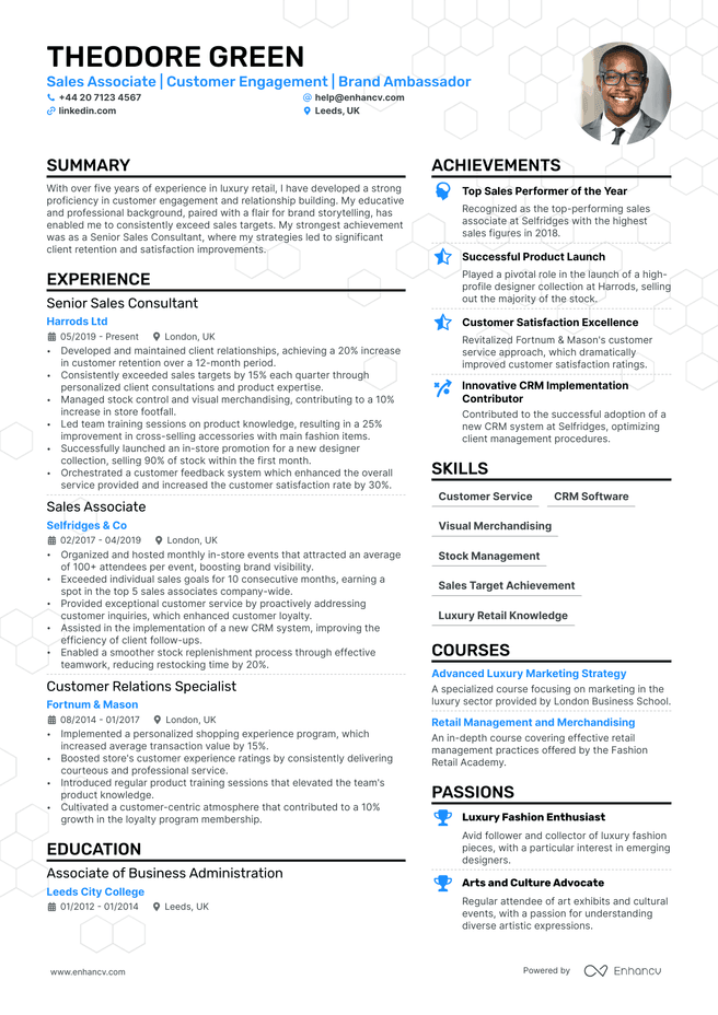 Luxury Retail CV example