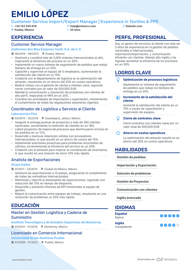 ejemplo de CV de Jefe de Atencion Al Cliente