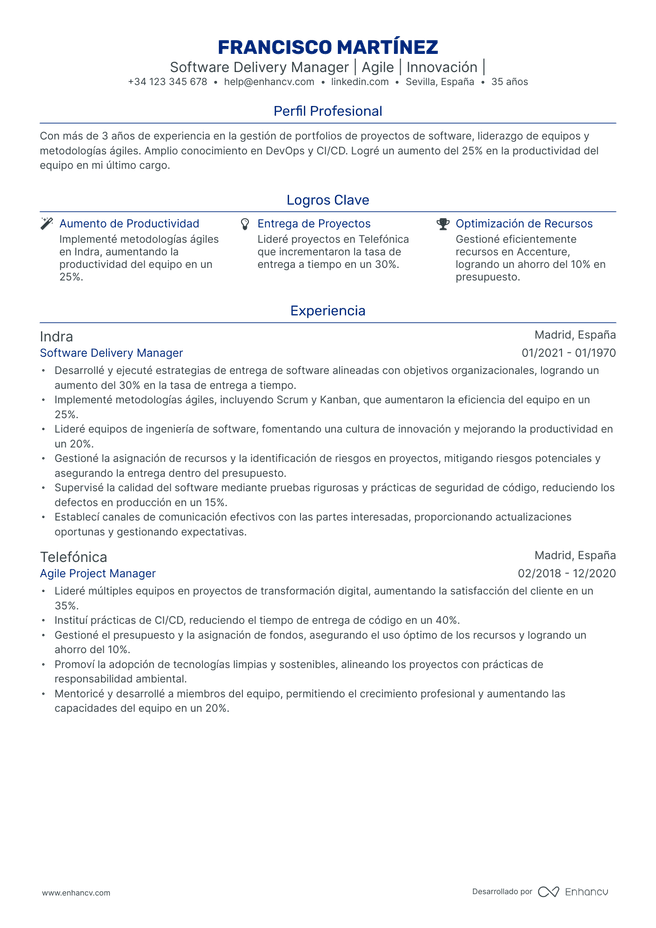 ejemplo de CV de Gerente de Proyectos de Software