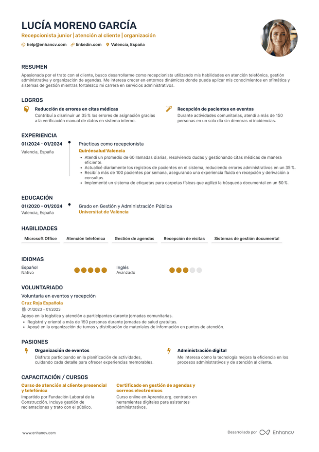 ejemplo de CV de Recepcionista