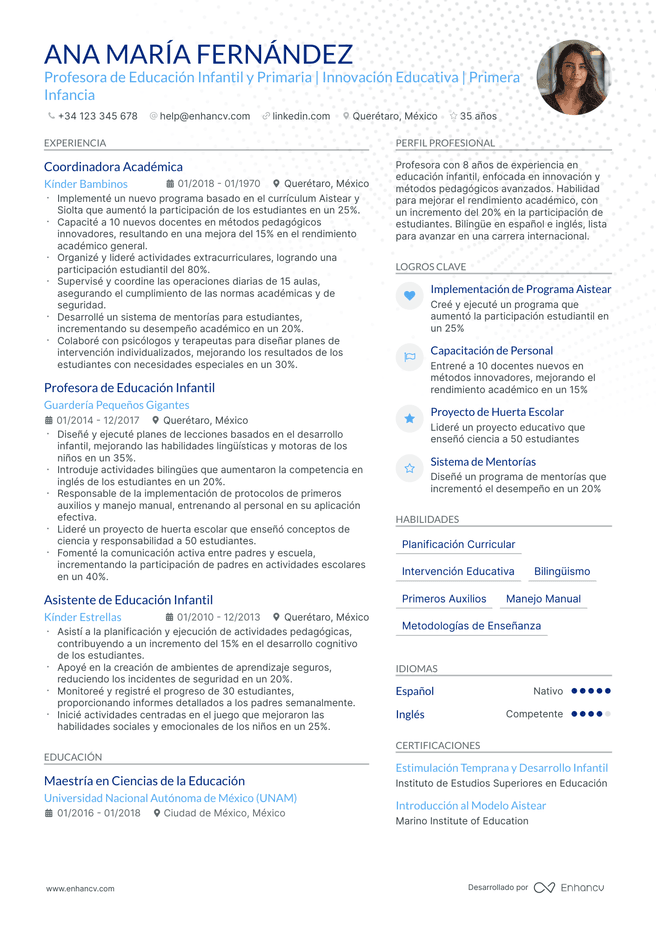 ejemplo de CV de Maestro de Educacion Infantil
