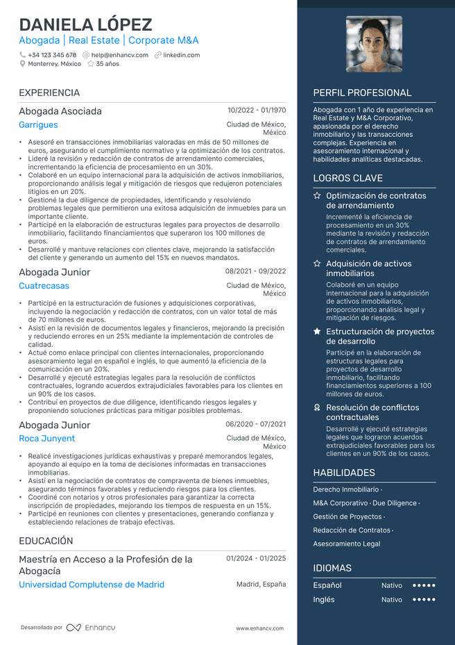 ejemplo de CV de Abogado de Derecho Inmobiliario