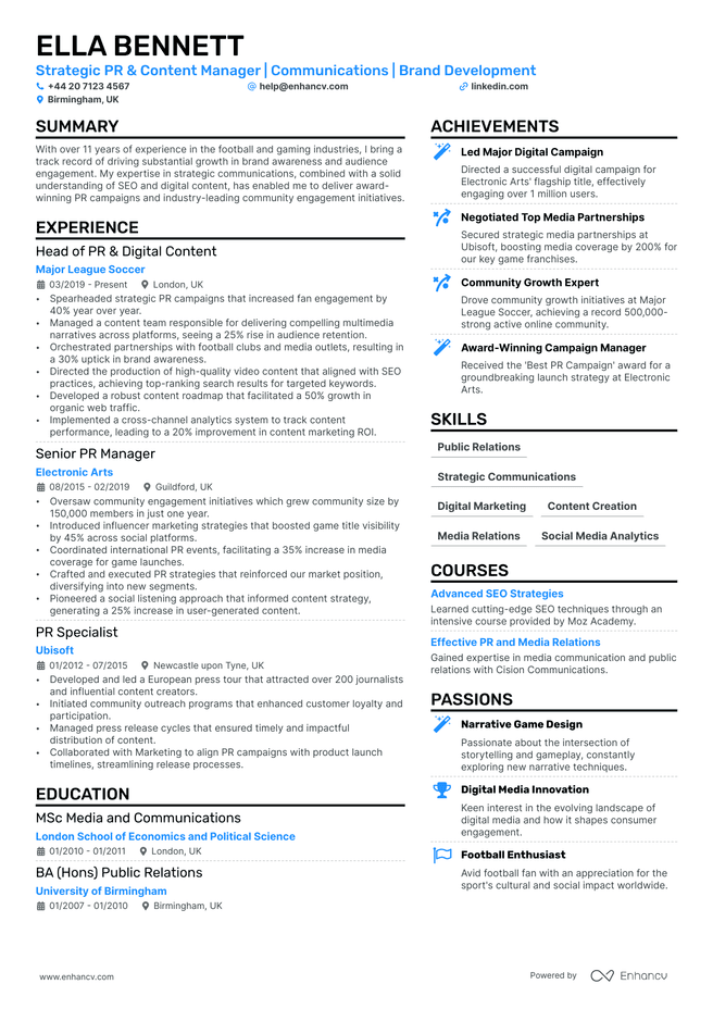 Public Relations CV example