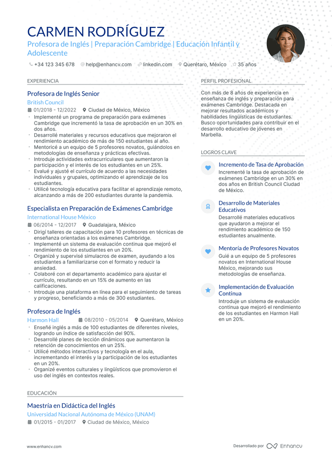 ejemplo de CV de Maestro de Ingles