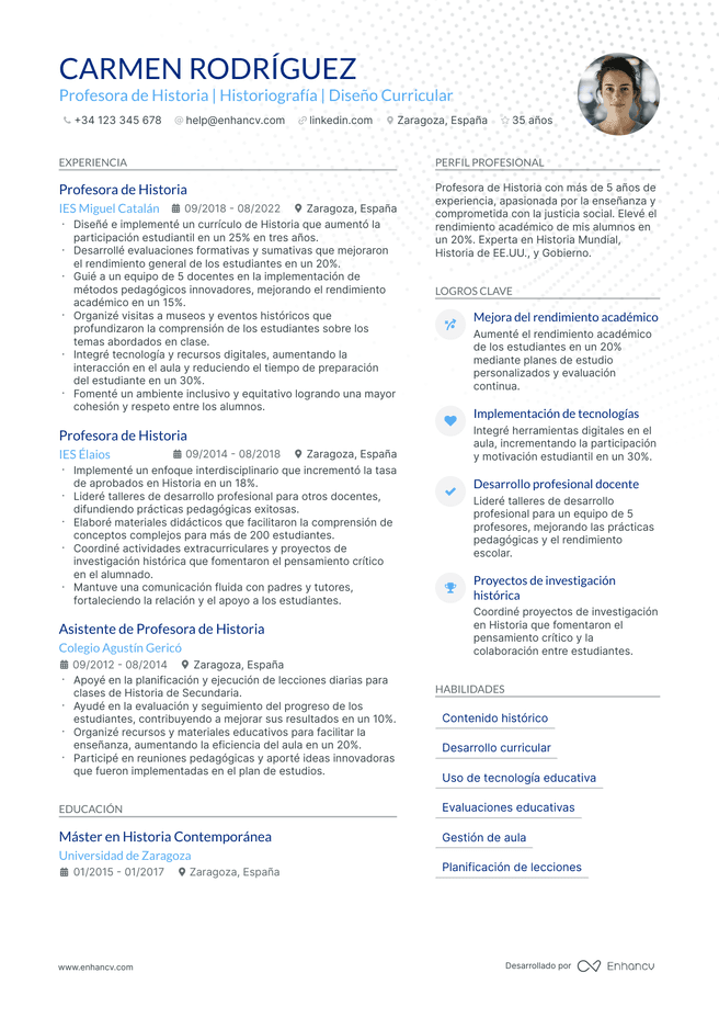 ejemplo de CV de Maestro de Historia