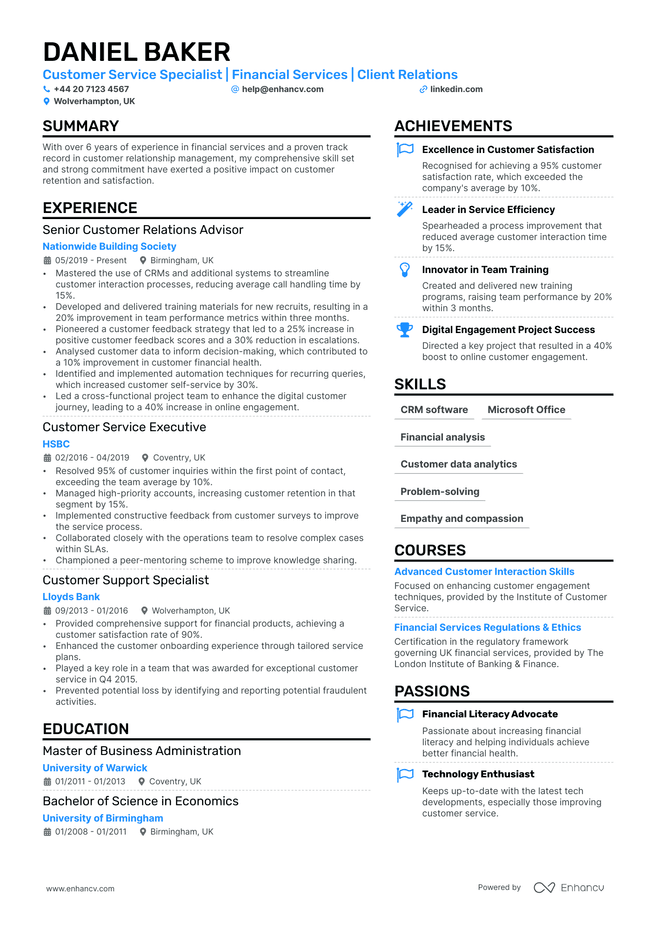 Financial Advisor CV example