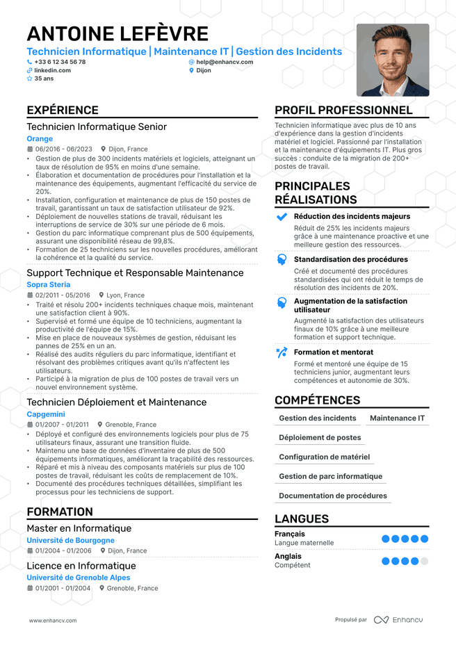 exemple de CV pour Technicien Support Informatique