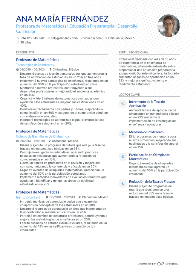 ejemplo de CV de Maestro de Matematicas