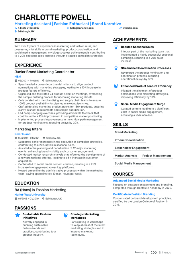 Marketing Assistant CV example