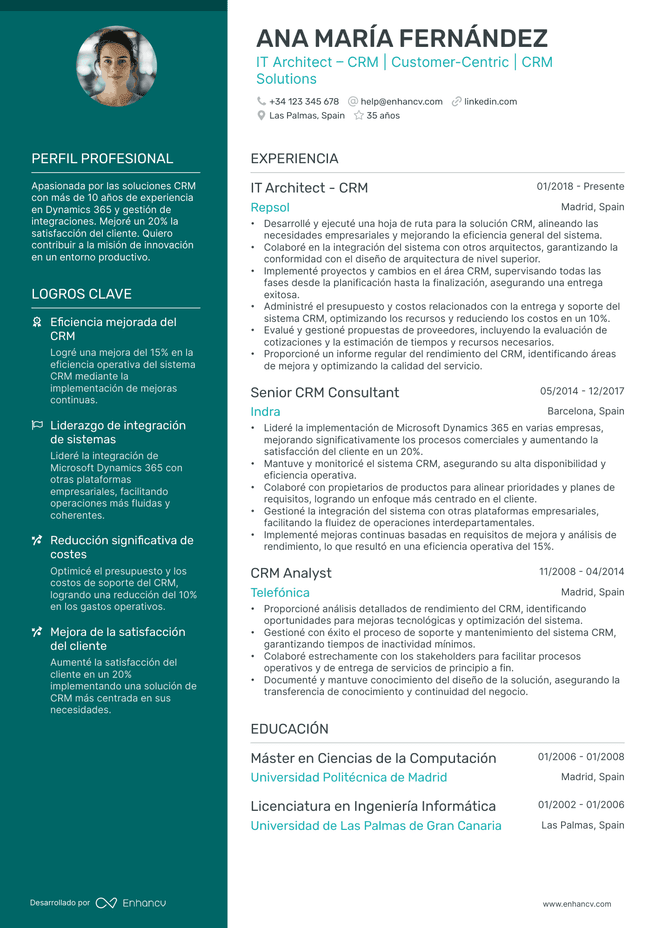 ejemplo de CV de Arquitecto de Informatica