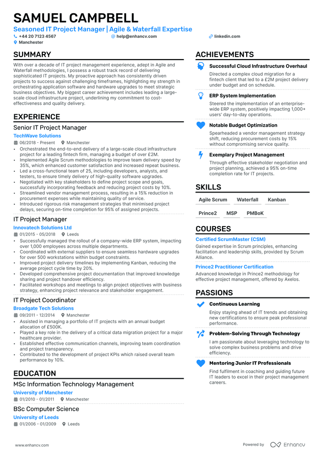 IT Project Manager CV example