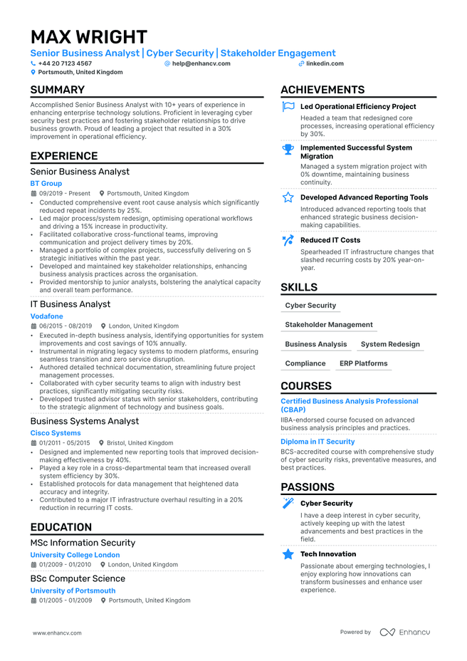 Senior Business Analyst CV example