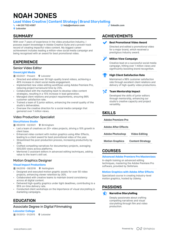 Film Production CV example