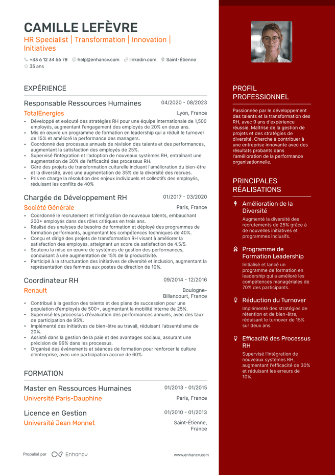exemple de CV pour Chef de projet RH