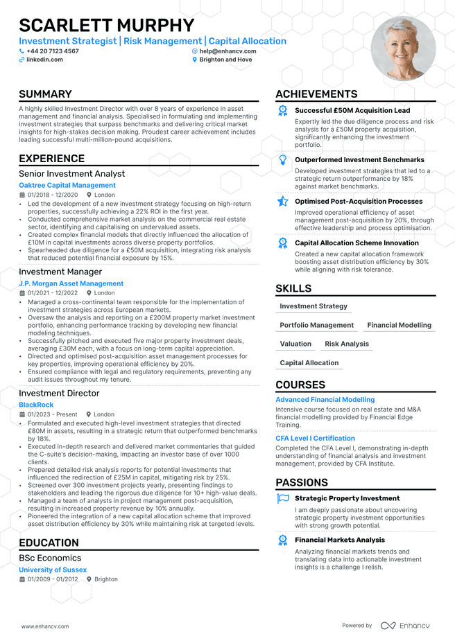 Investment Manager CV example