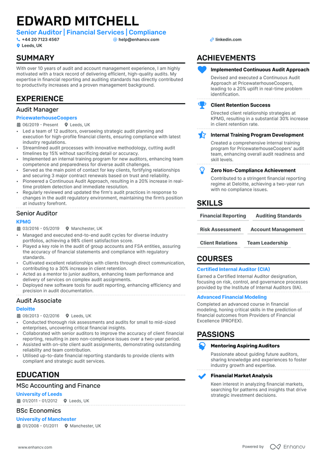 Audit Manager CV example