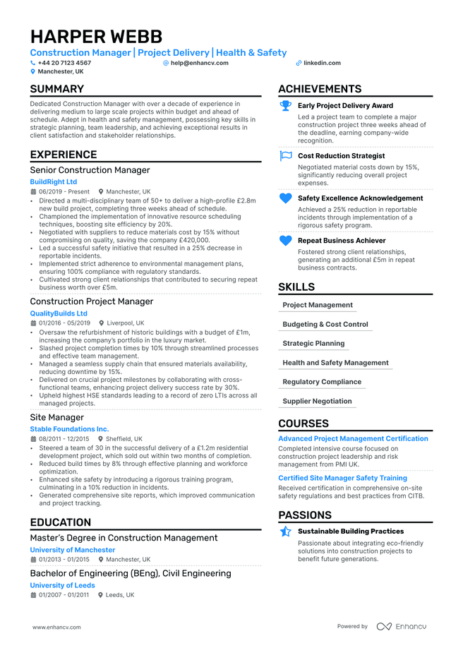 Construction Manager CV example