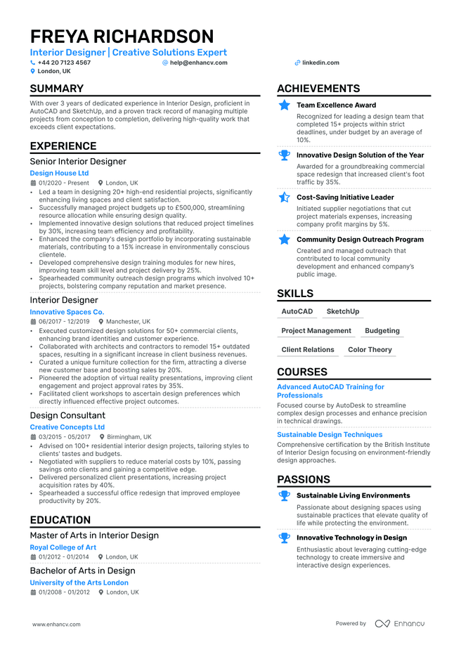 Interior Designer CV example