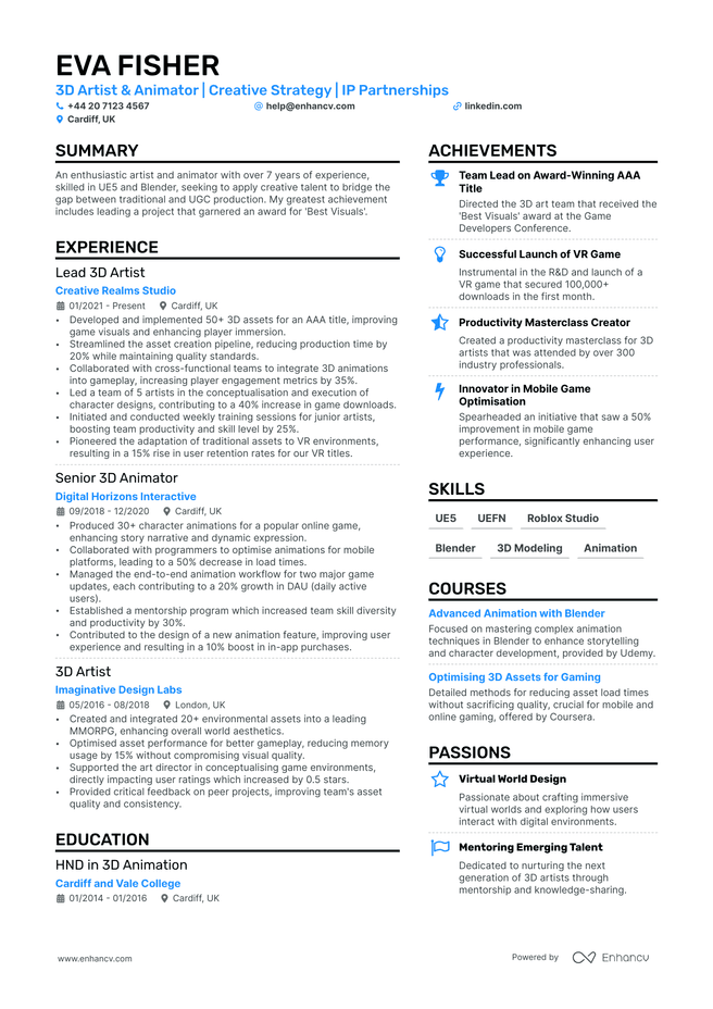 3D Artist CV example