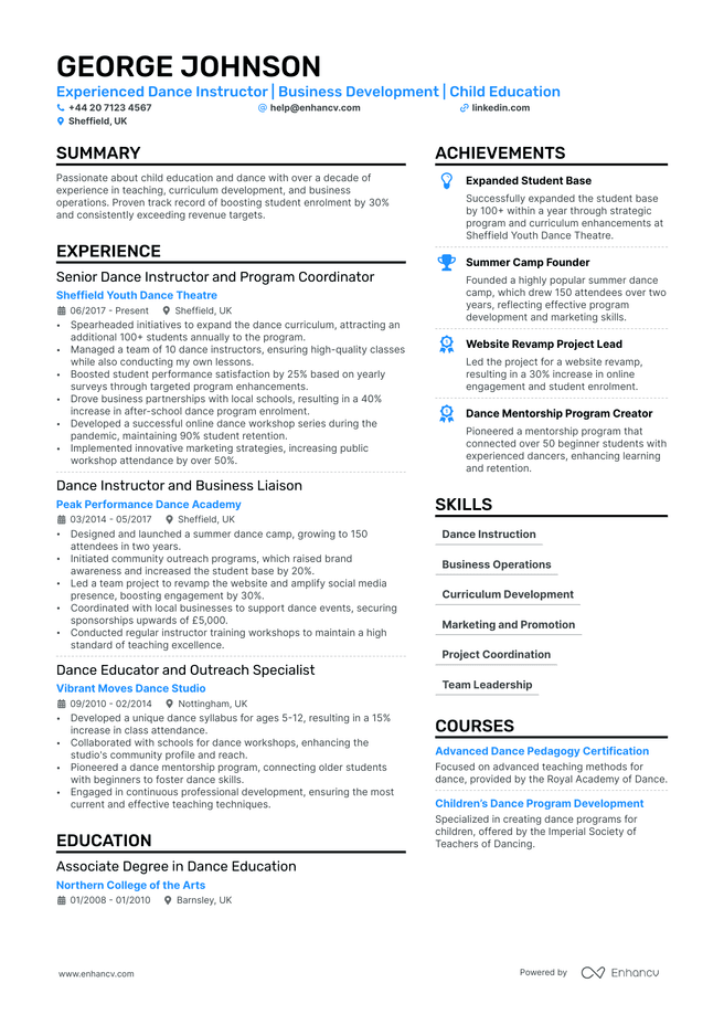 Dance CV example