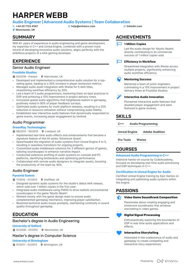 Audio Engineer CV example