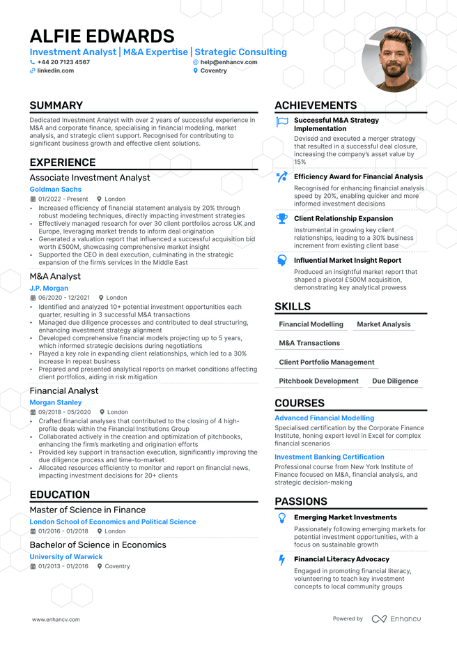 Investment Banking Analyst CV example