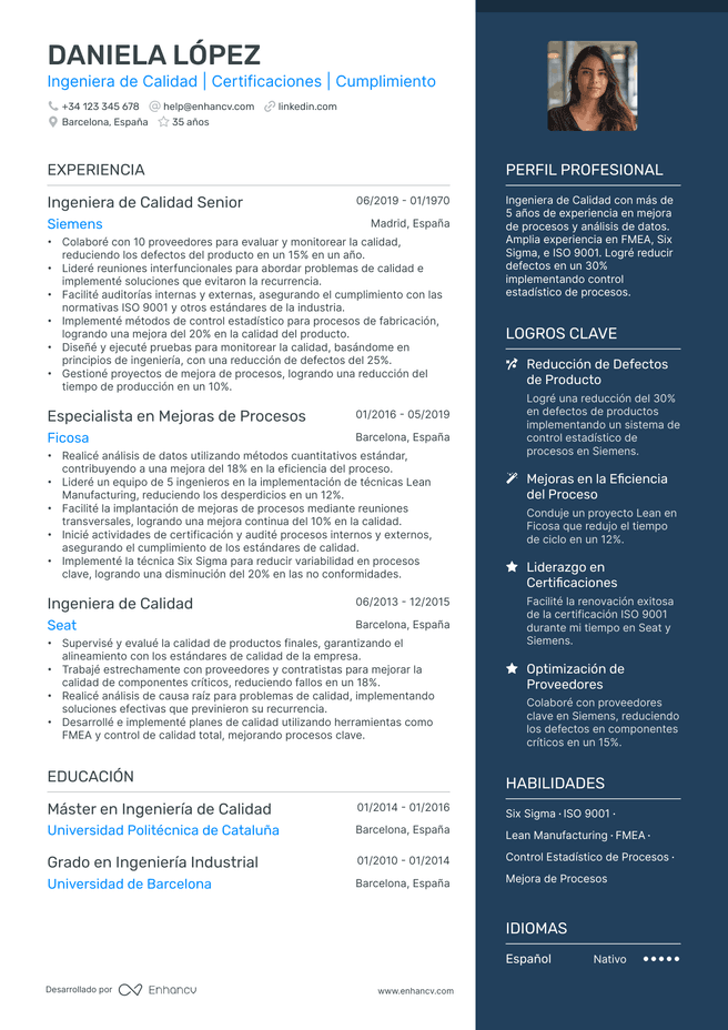 ejemplo de CV de Ingeniero de Calidad