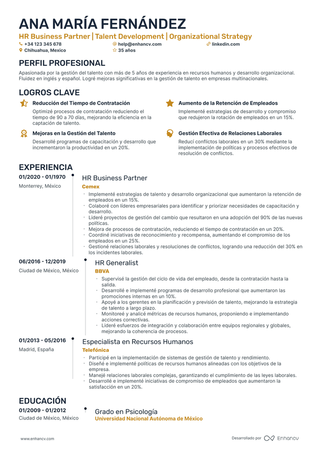 ejemplo de CV de Especialista en Recursos Humanos