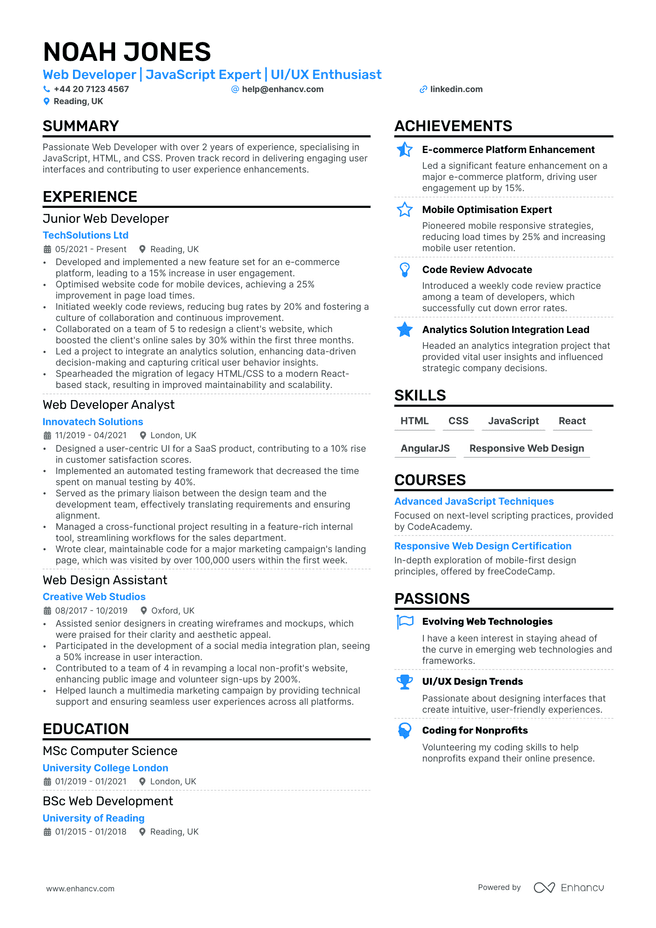 Front End Developer CV example
