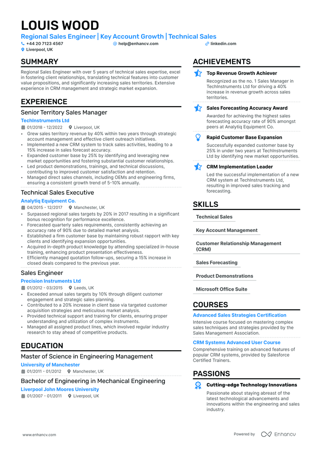 Sales Engineer CV example