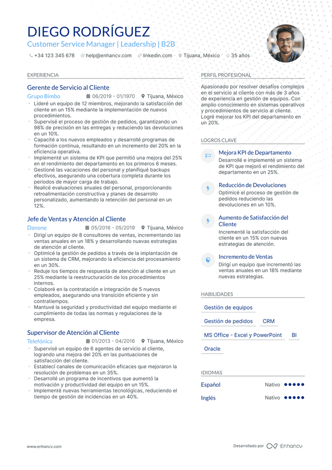 ejemplo de CV de Gerente de Servicio Al Cliente