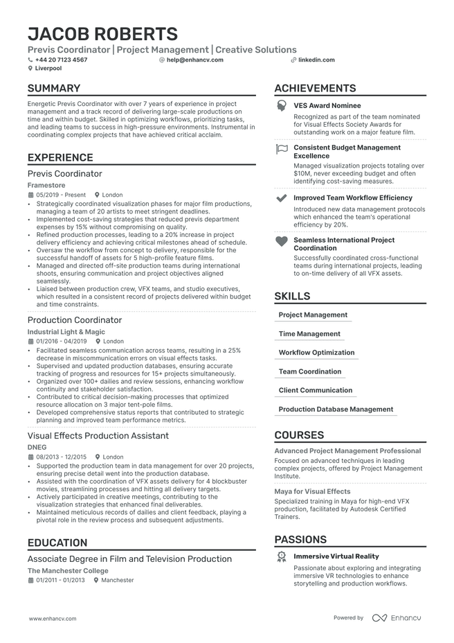Production Coordinator CV example
