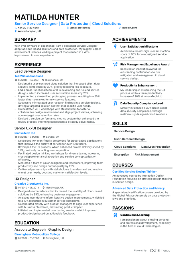 Product Designer CV example