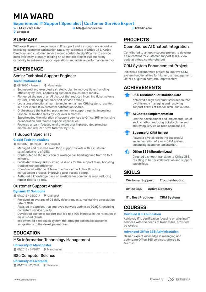 Service Desk Analyst CV example