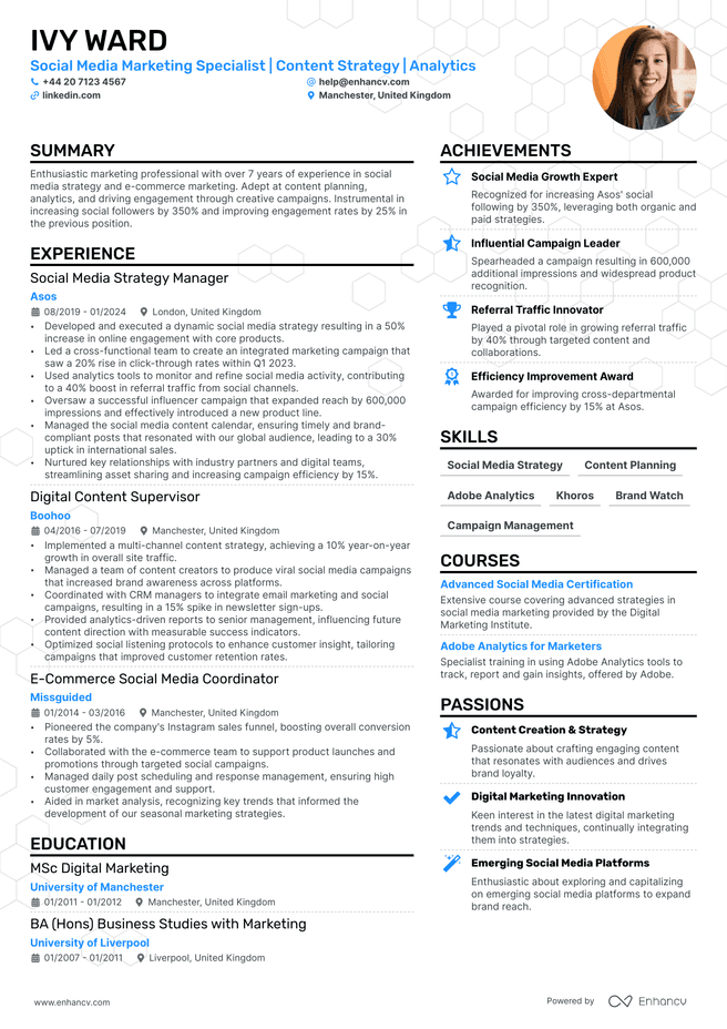 Social Media Marketing CV example