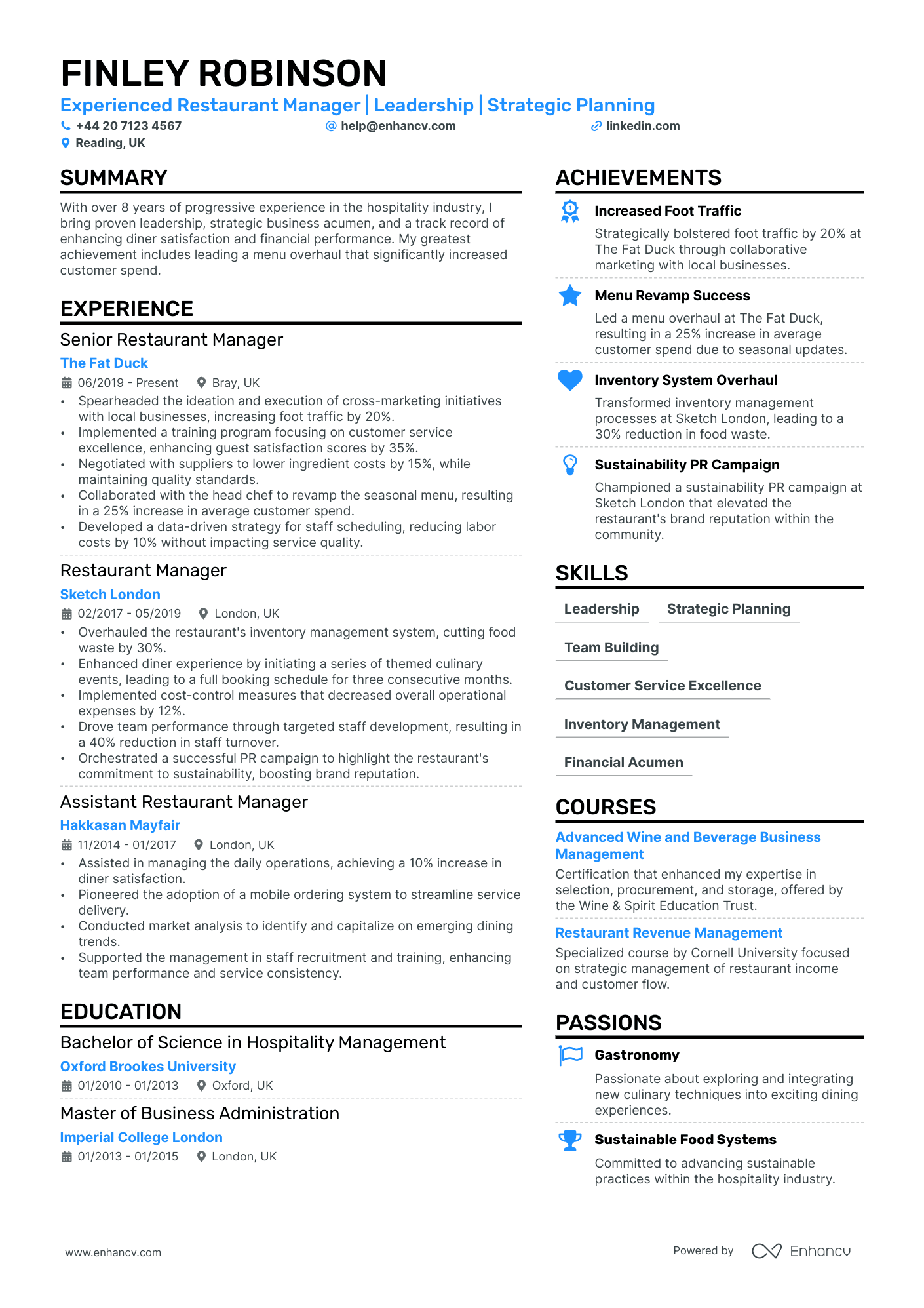 restaurant general manager resume example