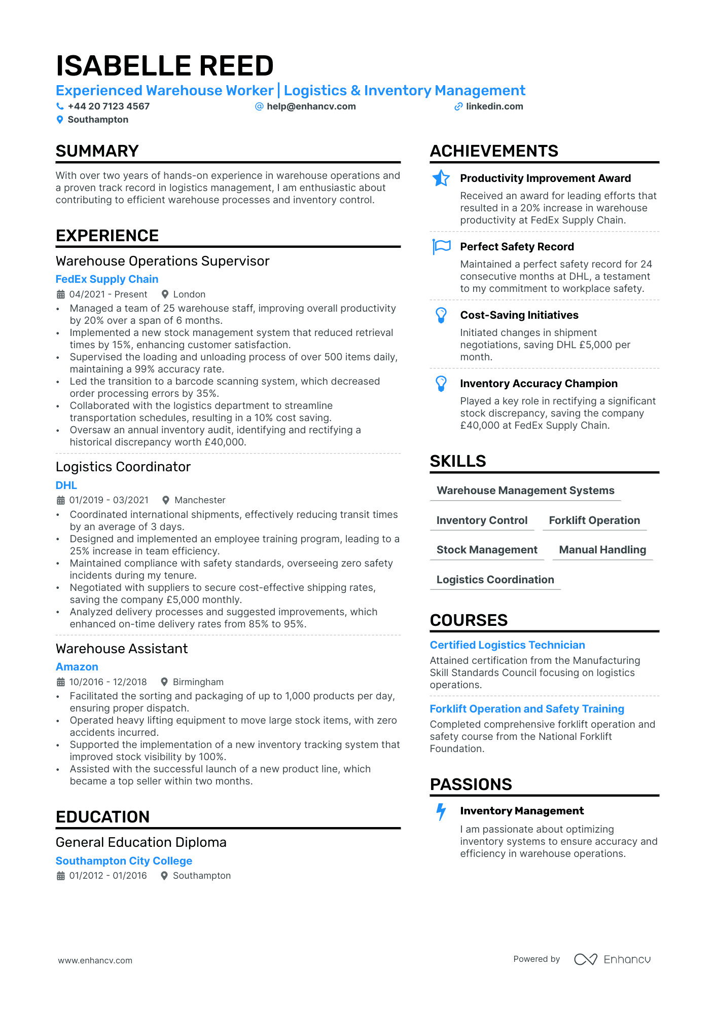 warehouse worker resume example