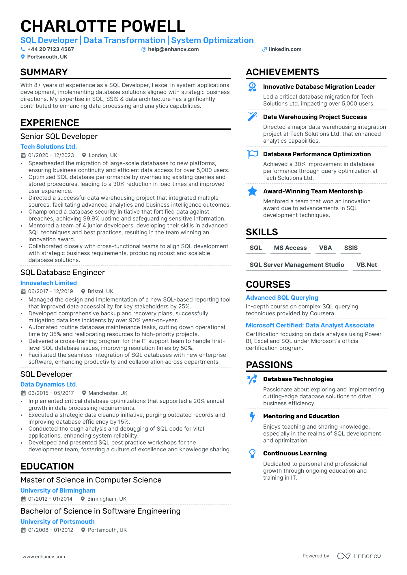 sql developer resume example